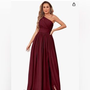 One Shoulder Bridesmaid Dress with Slit Chiffon Long Formal Dress with Pockets